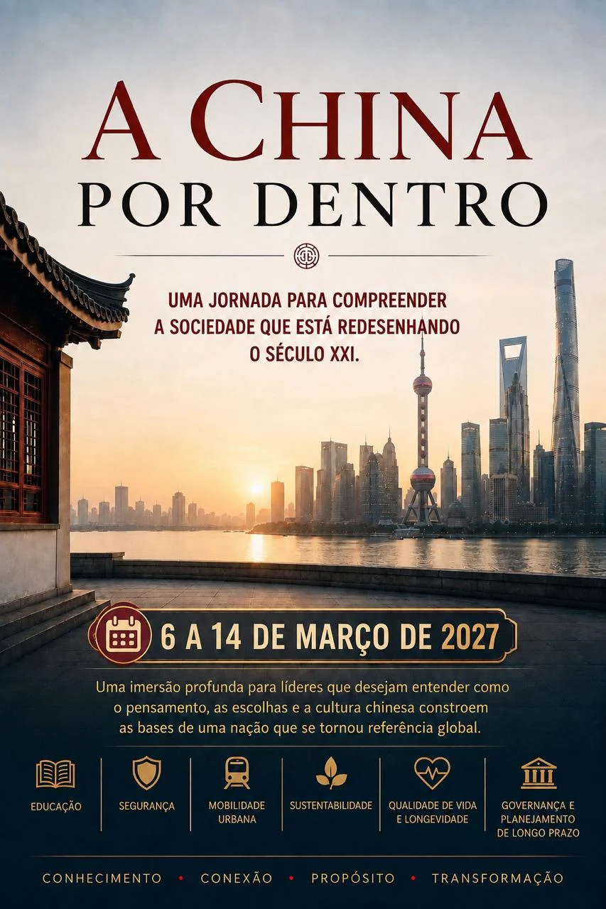 Pôster da missão empresarial A China Por Dentro, com a skyline de Xangai ao entardecer e os pilares da jornada